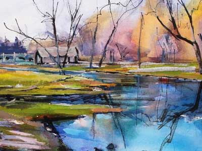 A detail of an acrylic painting that uses thin acrylic paint like watercolors