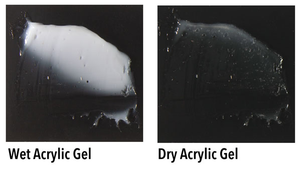 Acrylic gel is white when it's wet but it dries clear